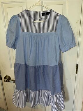 Pomander Place Blue Striped Tiered Dress Medium Puff Sleeve Babydoll Mini Dress